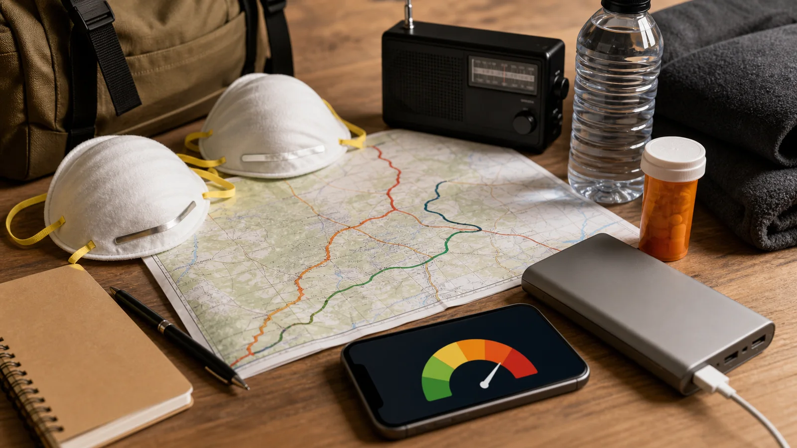 Evacuation planning supplies with masks, map, radio, water, medicine, power bank, and air quality gauge