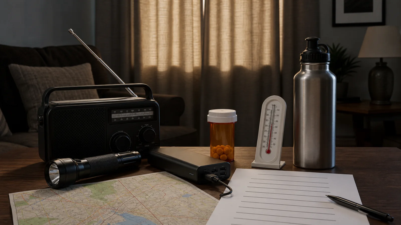 Emergency radio, flashlight, power bank, medication bottle, thermometer and water bottle arranged for a heat-related power outage