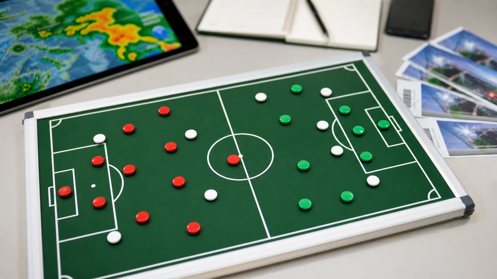 Generic soccer tactics board with red, white and green markers beside a weather-style tablet display