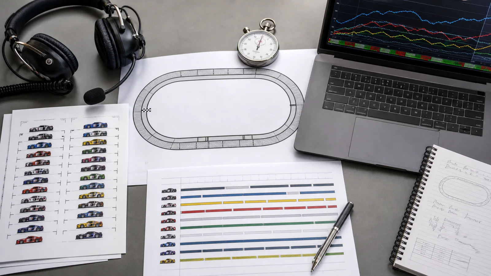 Race strategy desk with an oval track diagram, timing charts and a headset