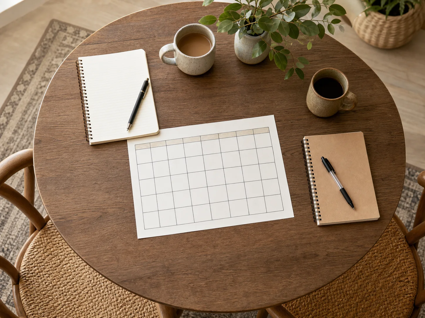 A table set for a relationship check-in with notebooks, mugs and a blank calendar