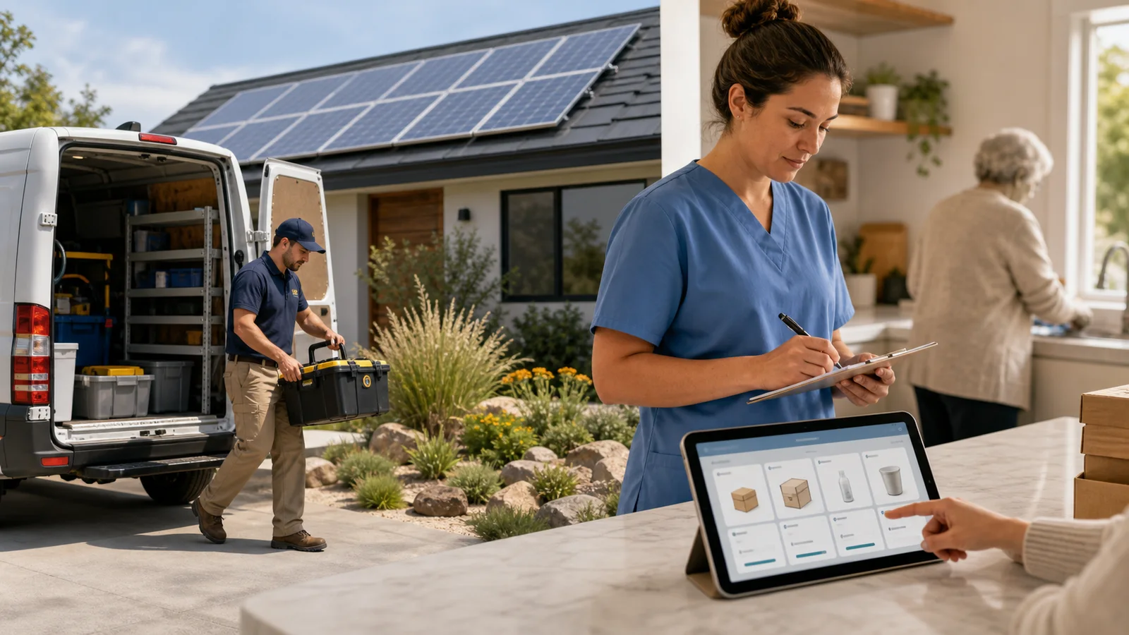 Home services, caregiving and small business technology shown in a residential setting