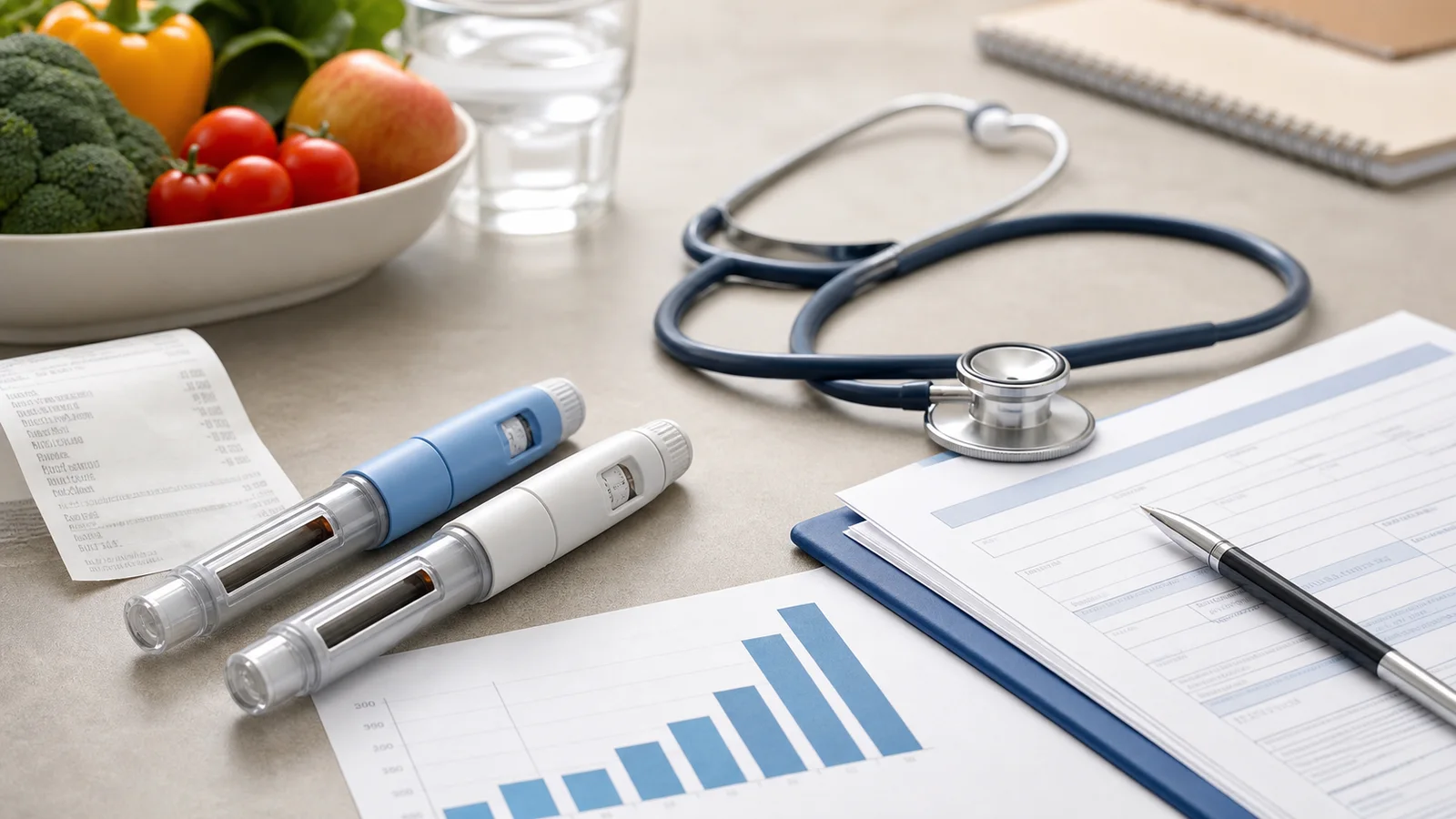 Unlabeled medication pens, healthy food, medical forms and a stethoscope on a clinic desk