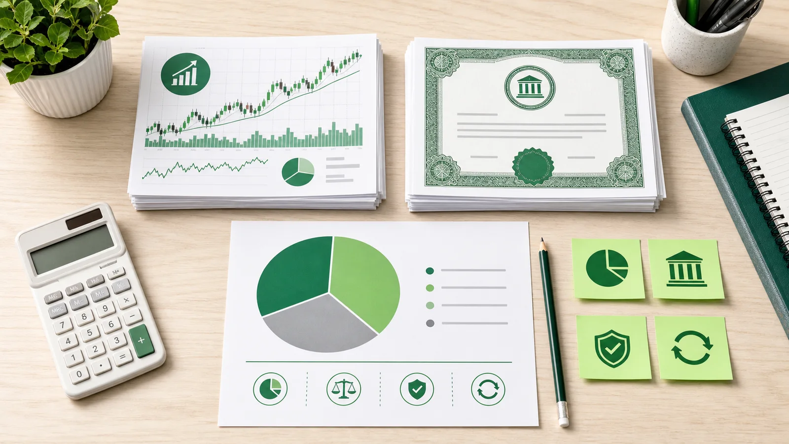 Portfolio planning papers showing stock charts, bond documents, and an allocation pie chart on a desk