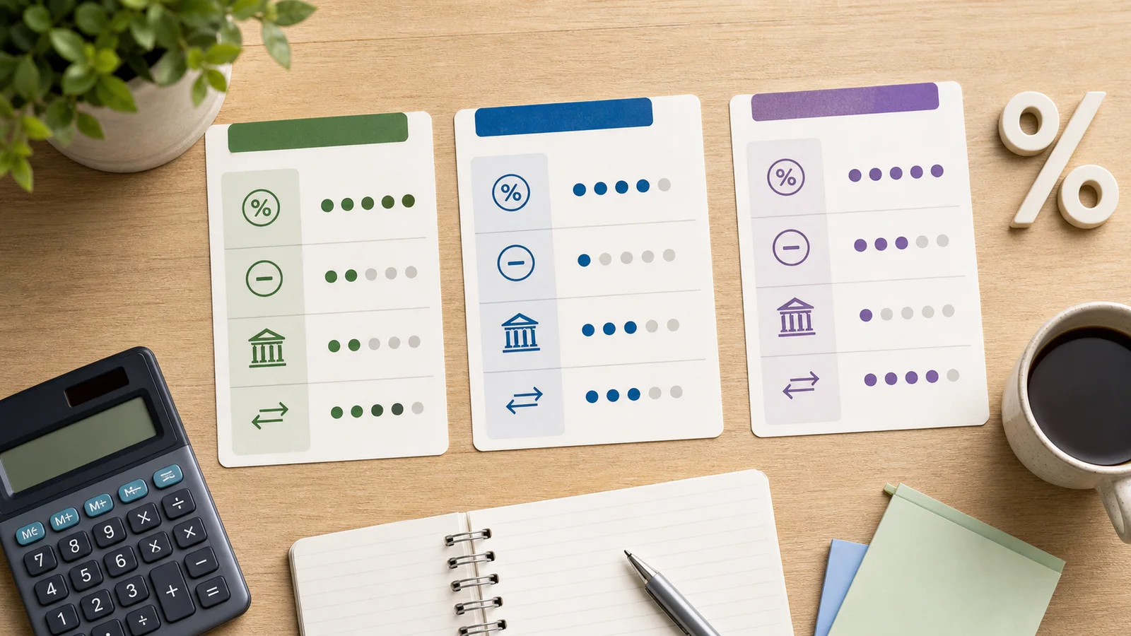 Comparison cards showing savings account factors such as percentage yield, fees, insurance and transfers