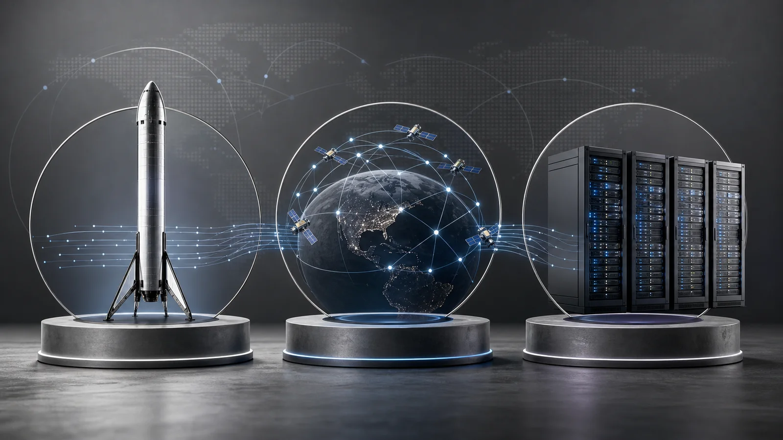 Editorial illustration showing rocket launch, satellite broadband and AI data center business pillars