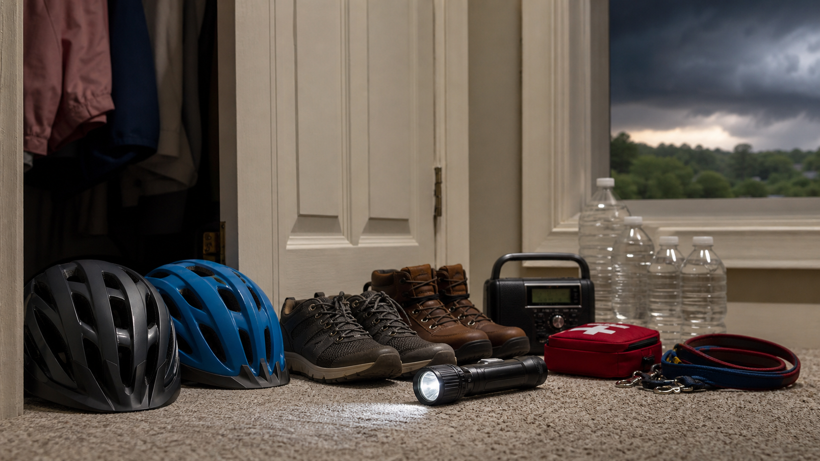 Tornado safety supplies arranged near an interior shelter space