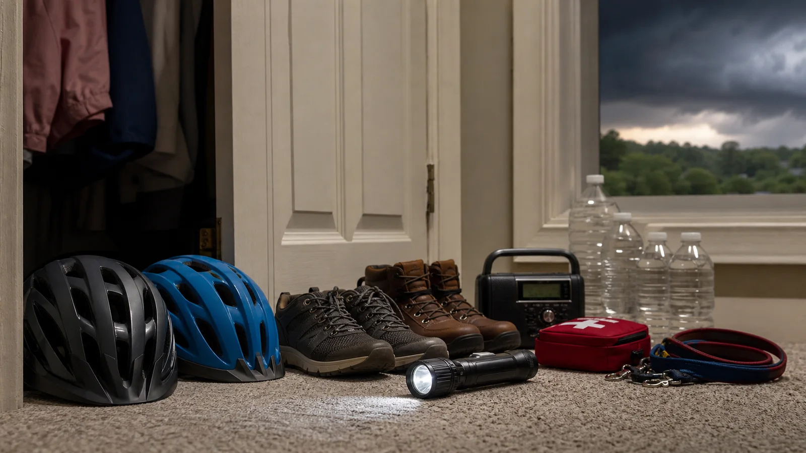 Tornado safety supplies arranged near an interior shelter space