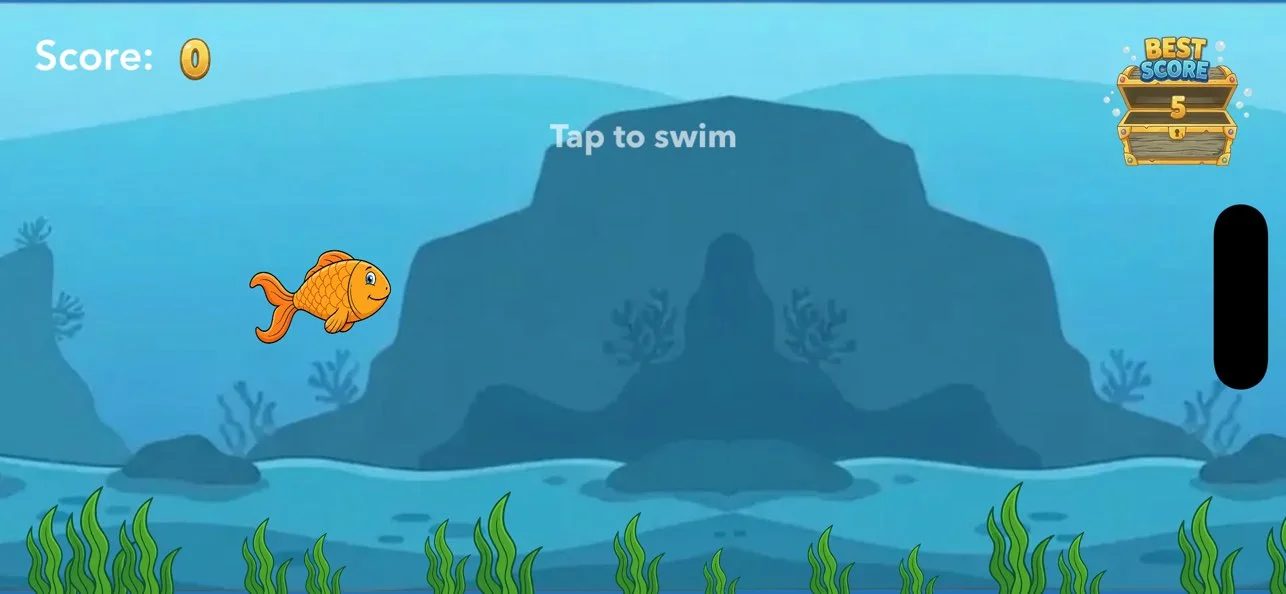 Screenshot from FishTank Infinite Runner showing a fish swimming through underwater gaps