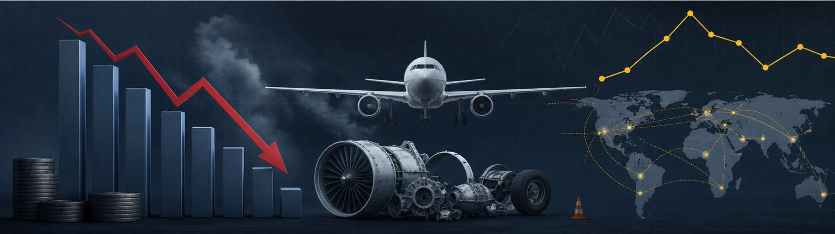 Abstract financial explainer image showing aircraft, engine parts, route lines and declining debt charts