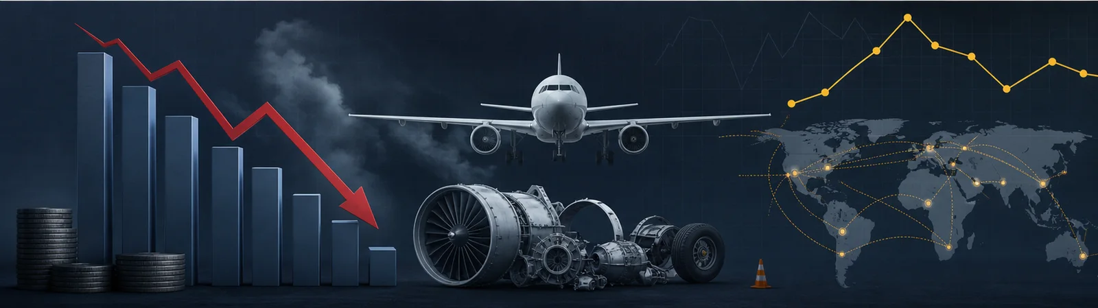 Abstract financial explainer image showing aircraft, engine parts, route lines and declining debt charts
