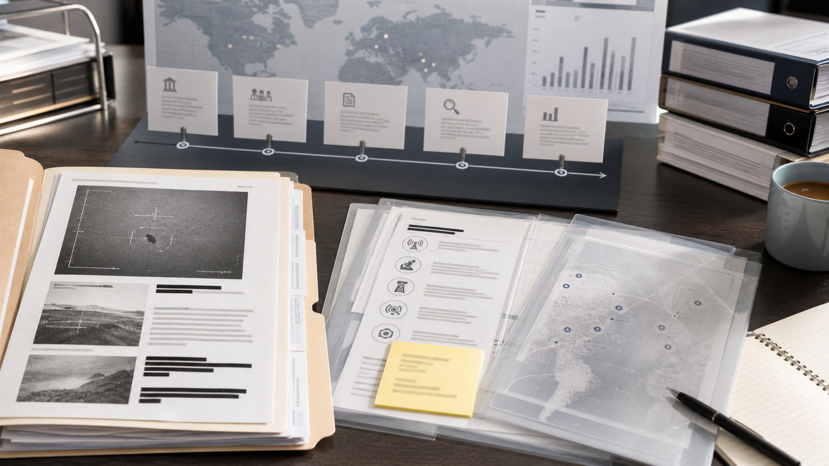Government reports, folders, and timeline cards representing UAP disclosure processes