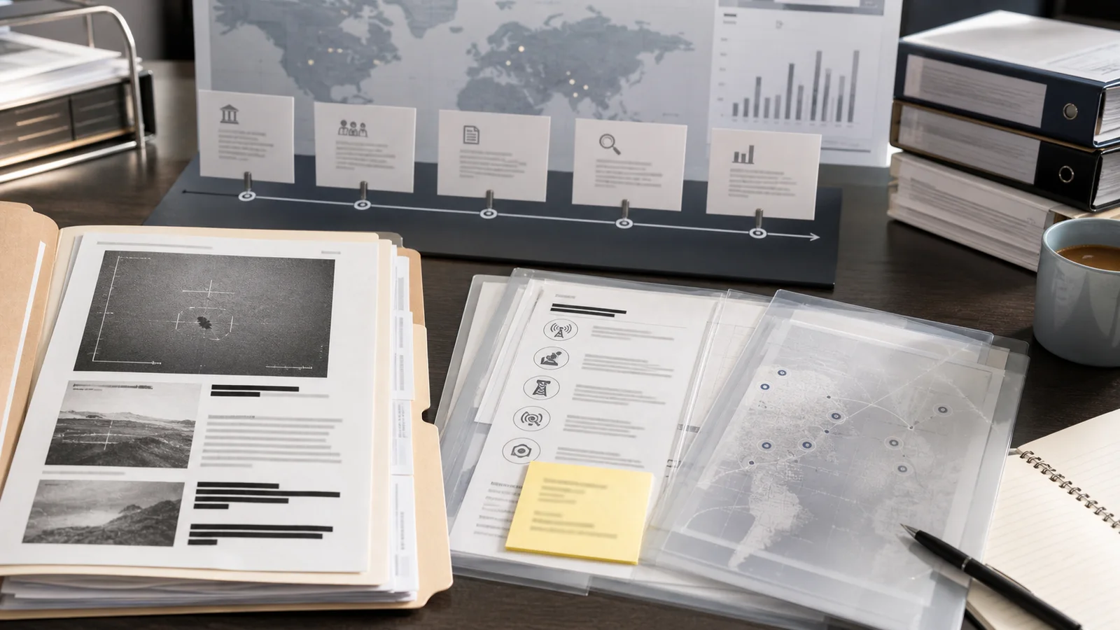 Government reports, folders, and timeline cards representing UAP disclosure processes
