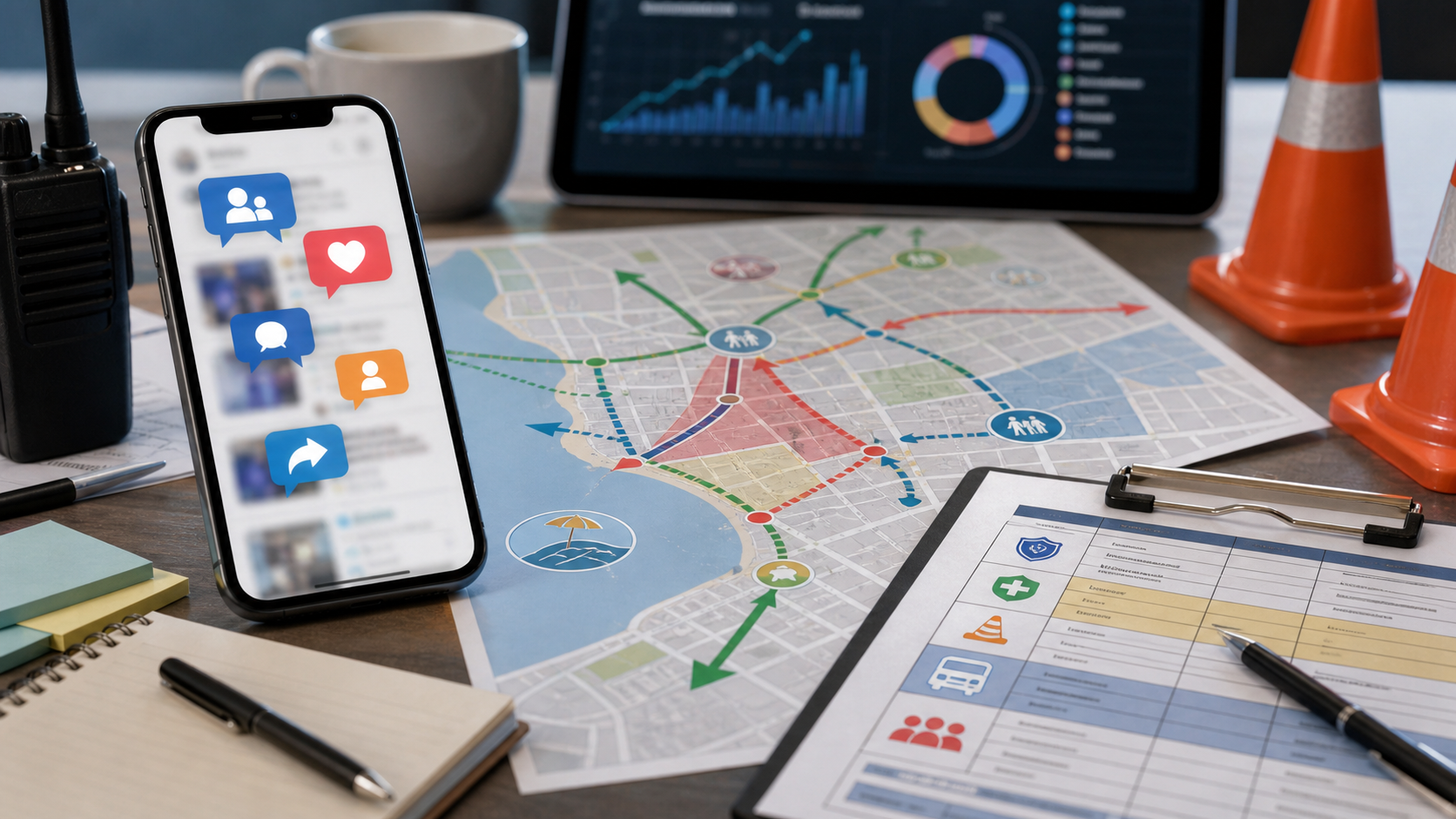 A generic public safety planning map with social media notifications and crowd-flow arrows