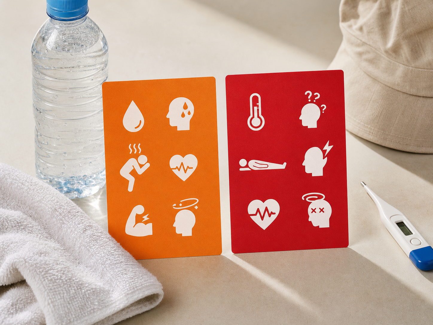Generic heat illness comparison cards with water, towel and thermometer