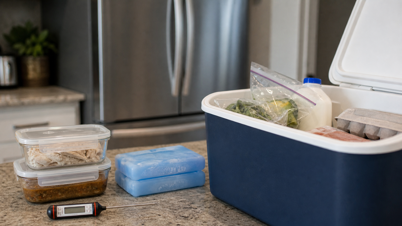 Cooler with ice packs, sealed food containers and a thermometer on a kitchen counter