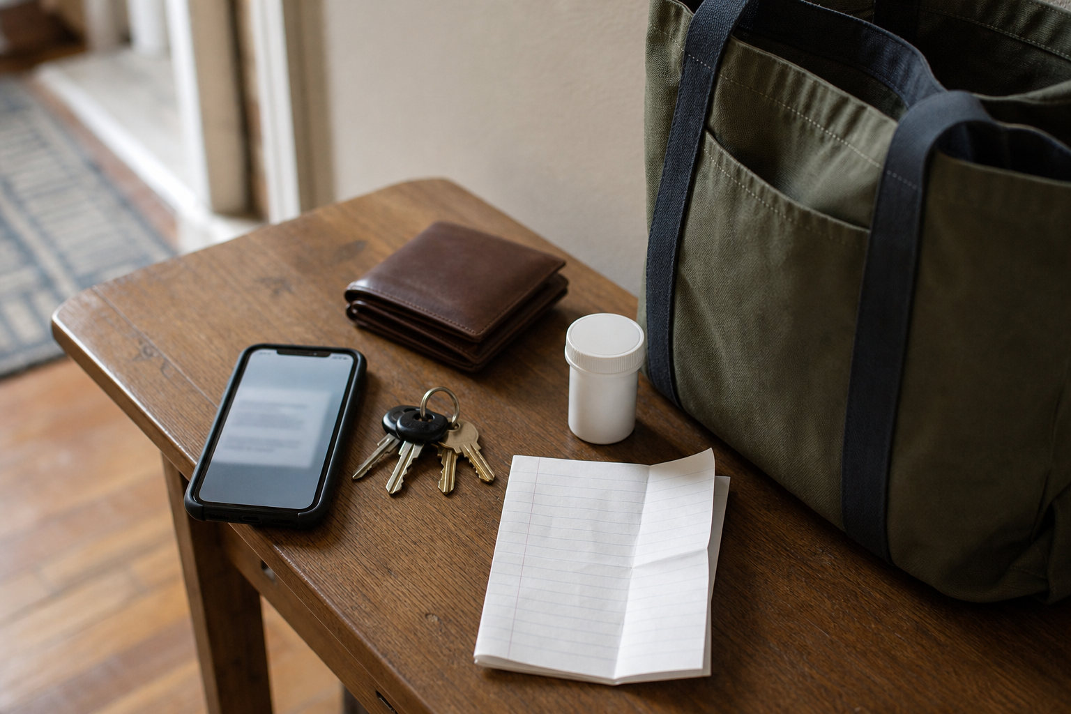 Emergency go bag items beside an unreadable phone alert and household checklist