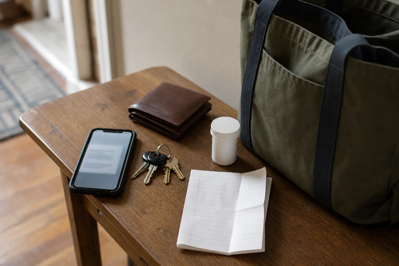 Emergency go bag items beside an unreadable phone alert and household checklist