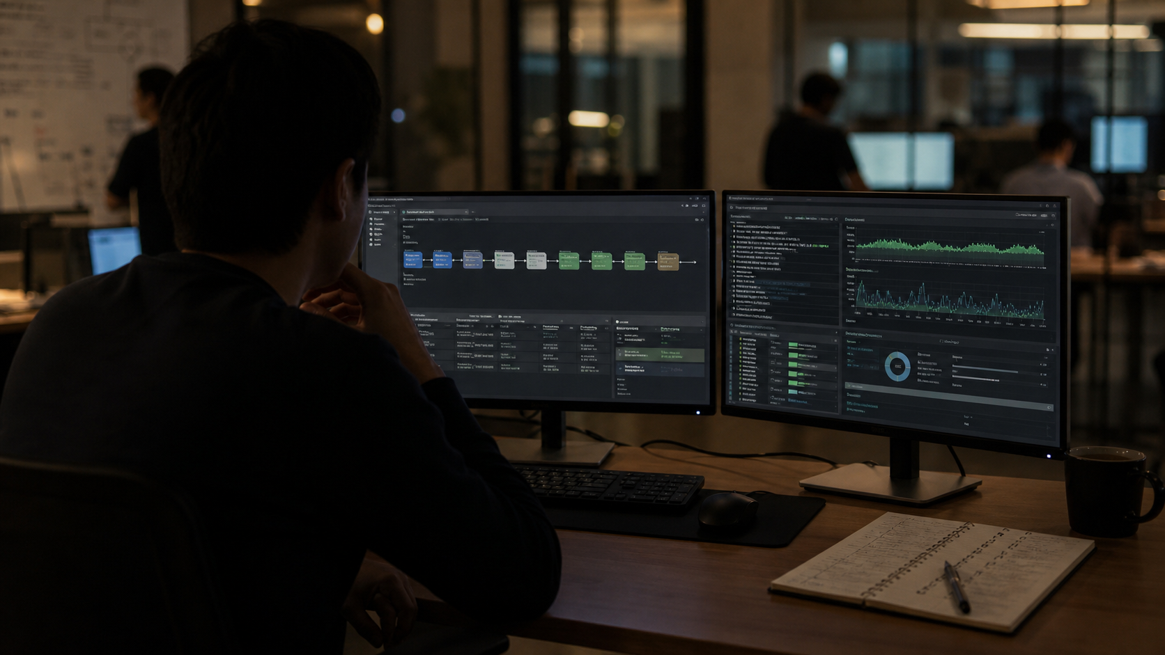 Operations engineer monitoring deployment pipeline and service health dashboards