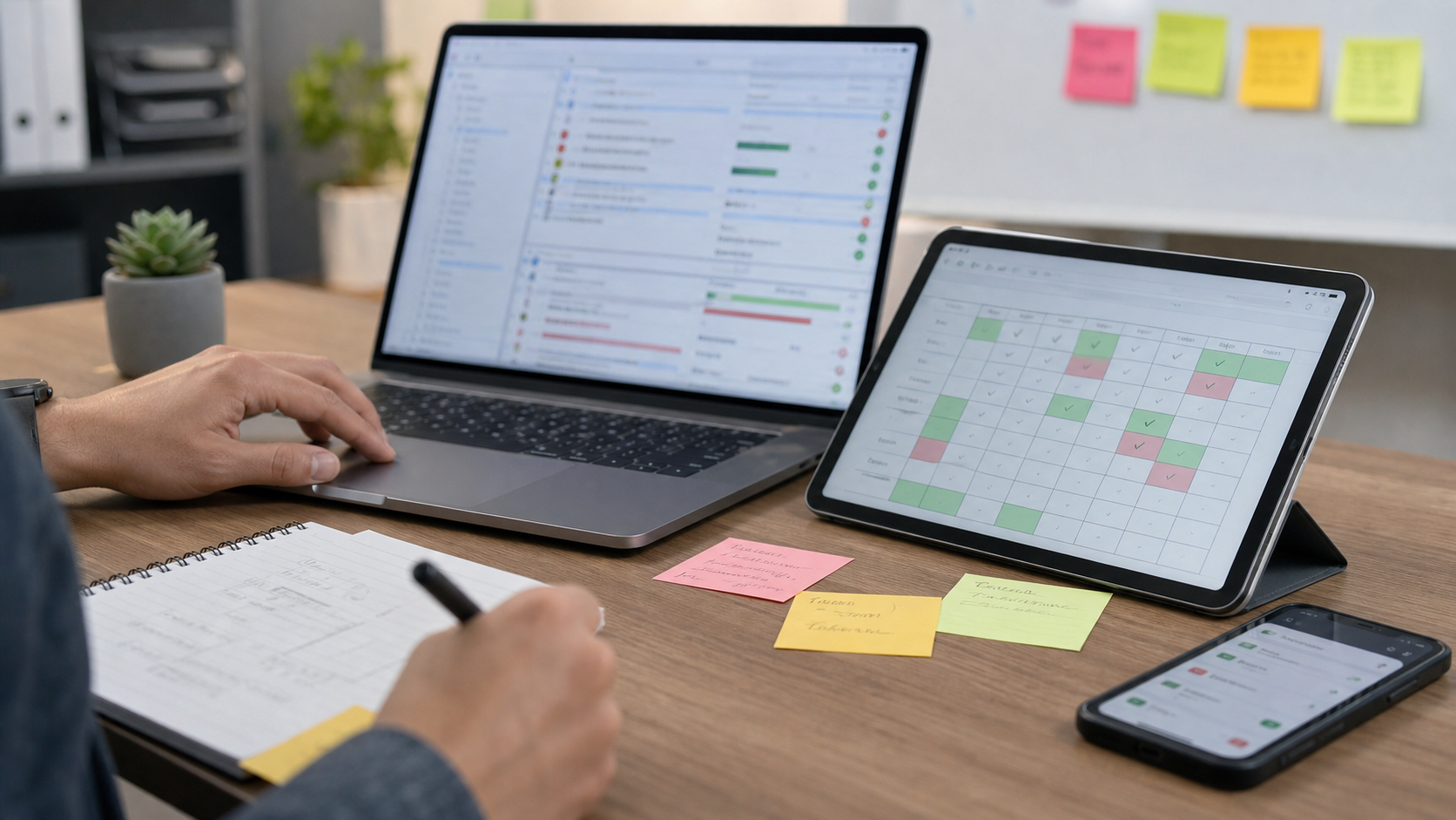 QA analyst reviewing abstract test results and mobile test coverage at a desk