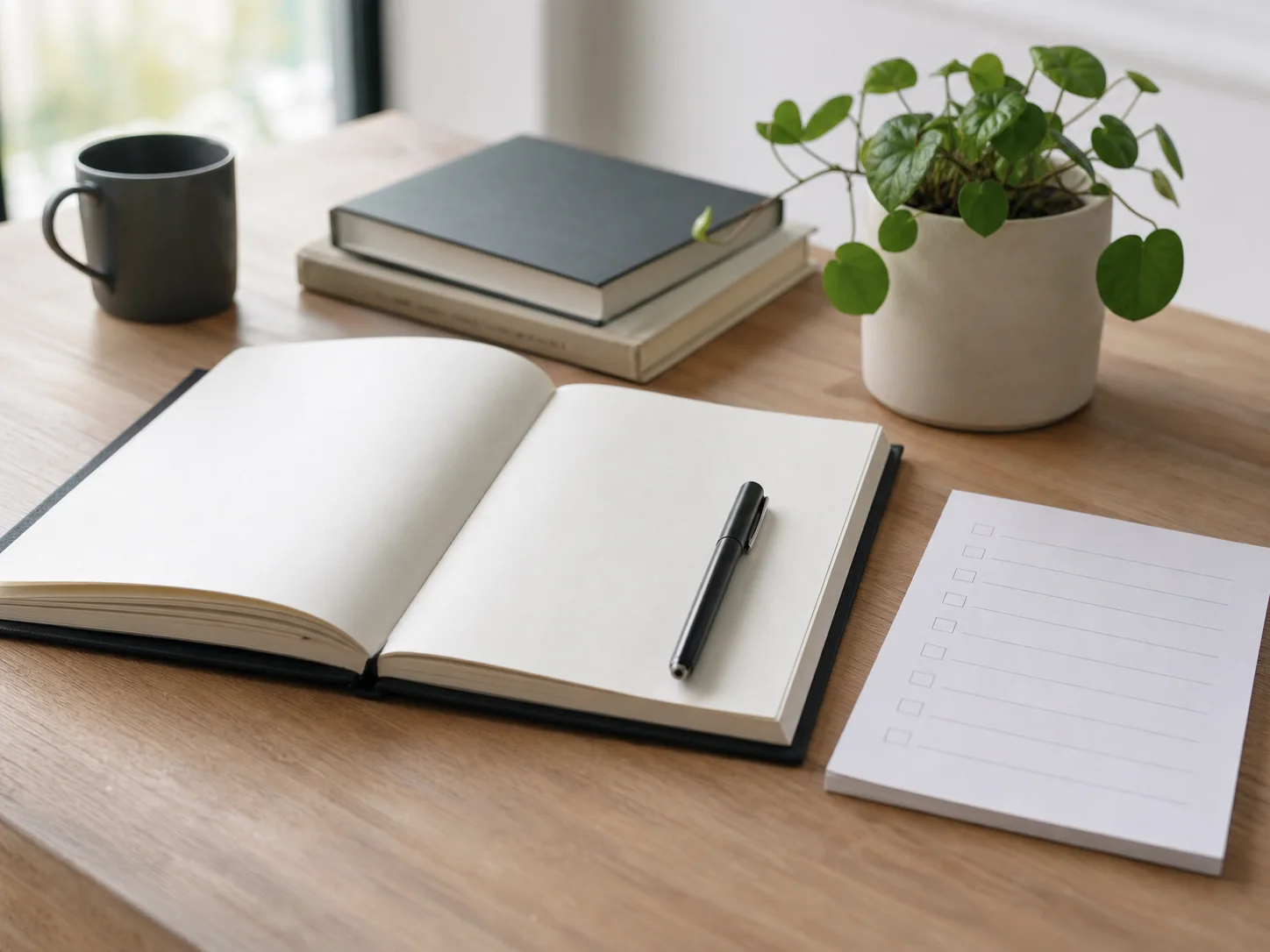 A blank notebook, pen, checklist and plant on a quiet desk