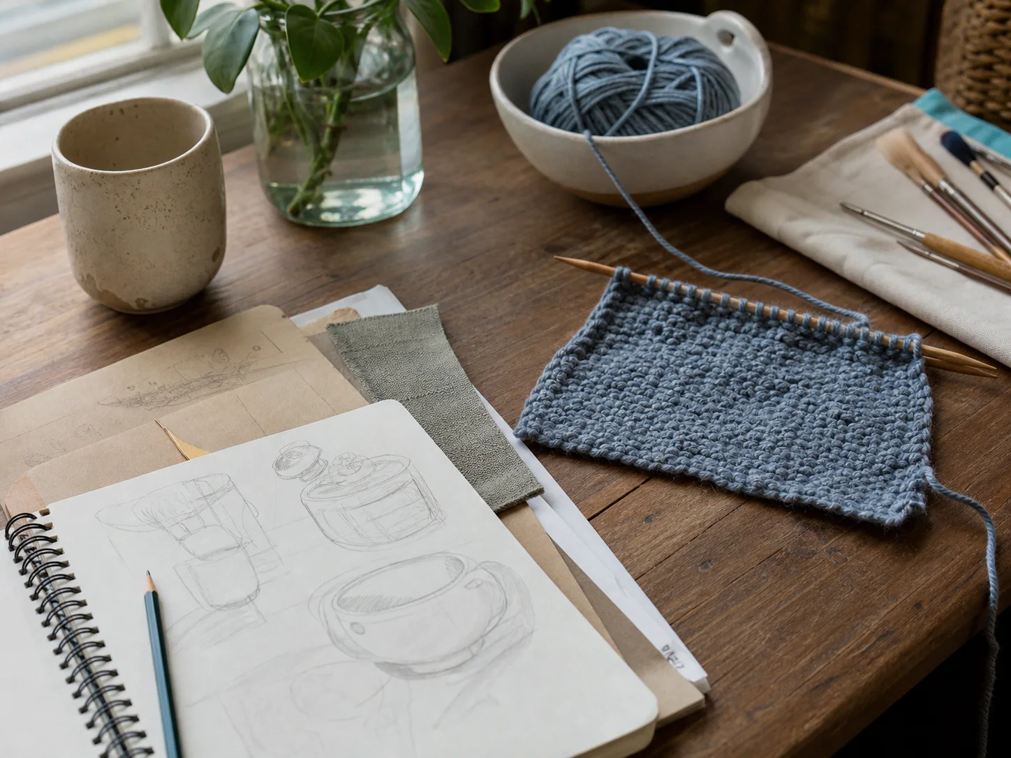 A beginner knitting swatch, sketches and craft tools on a wooden table