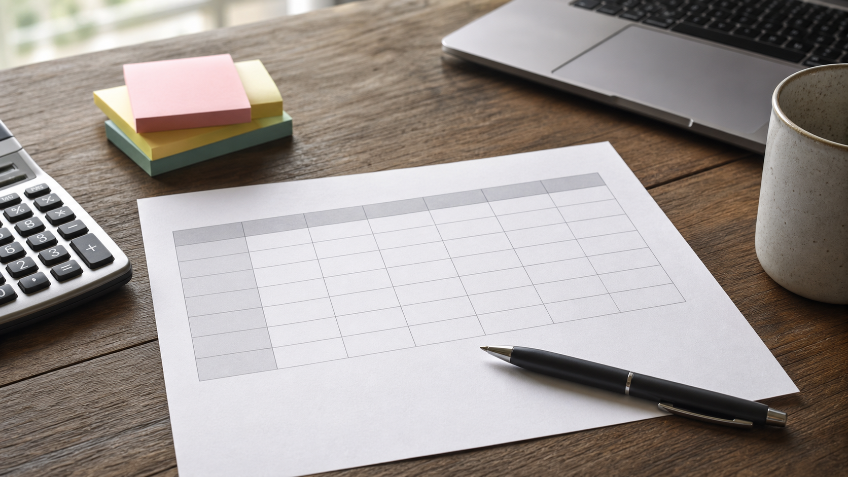 Blank student loan repayment worksheet with calculator, pen and sticky notes