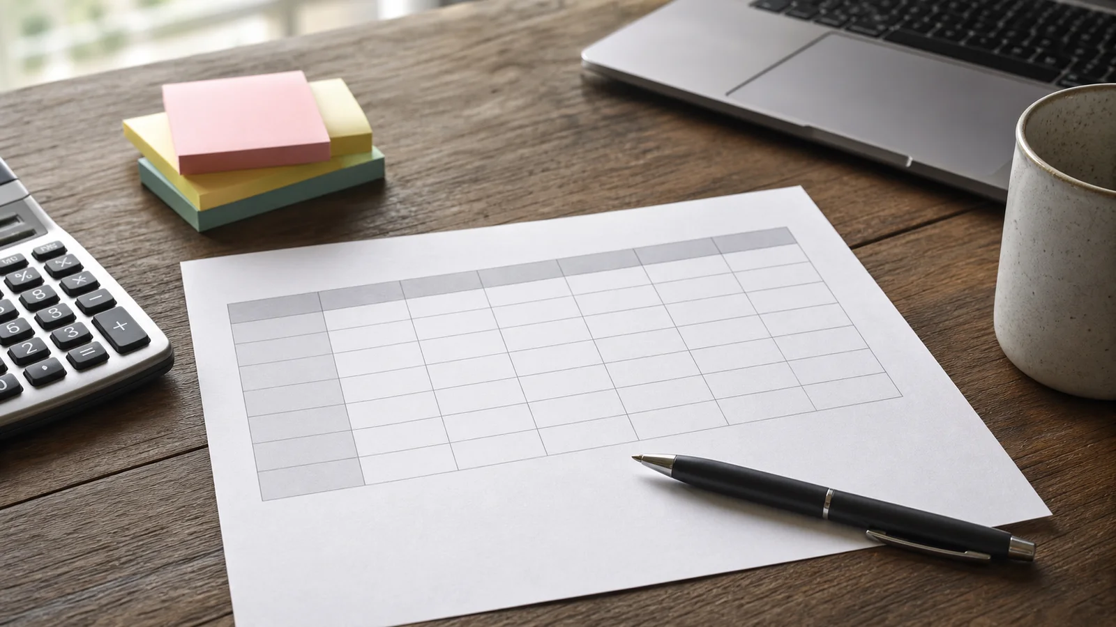 Blank student loan repayment worksheet with calculator, pen and sticky notes