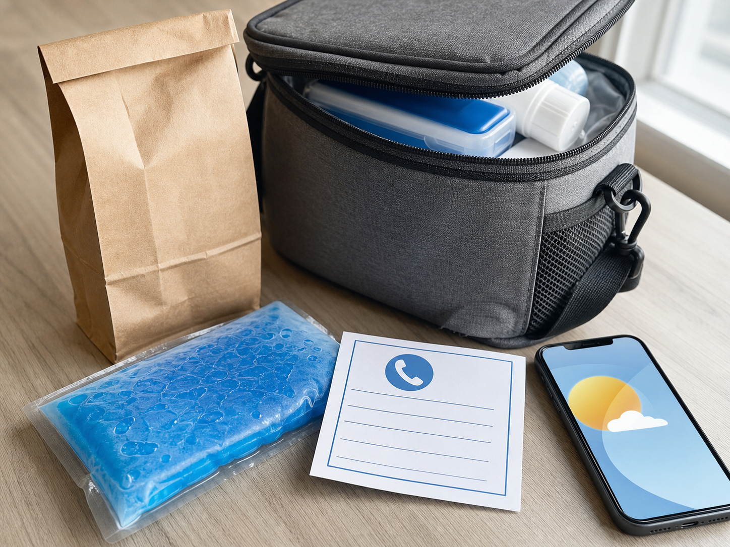 An insulated cooler bag, gel pack, blank emergency contact card and phone on a table