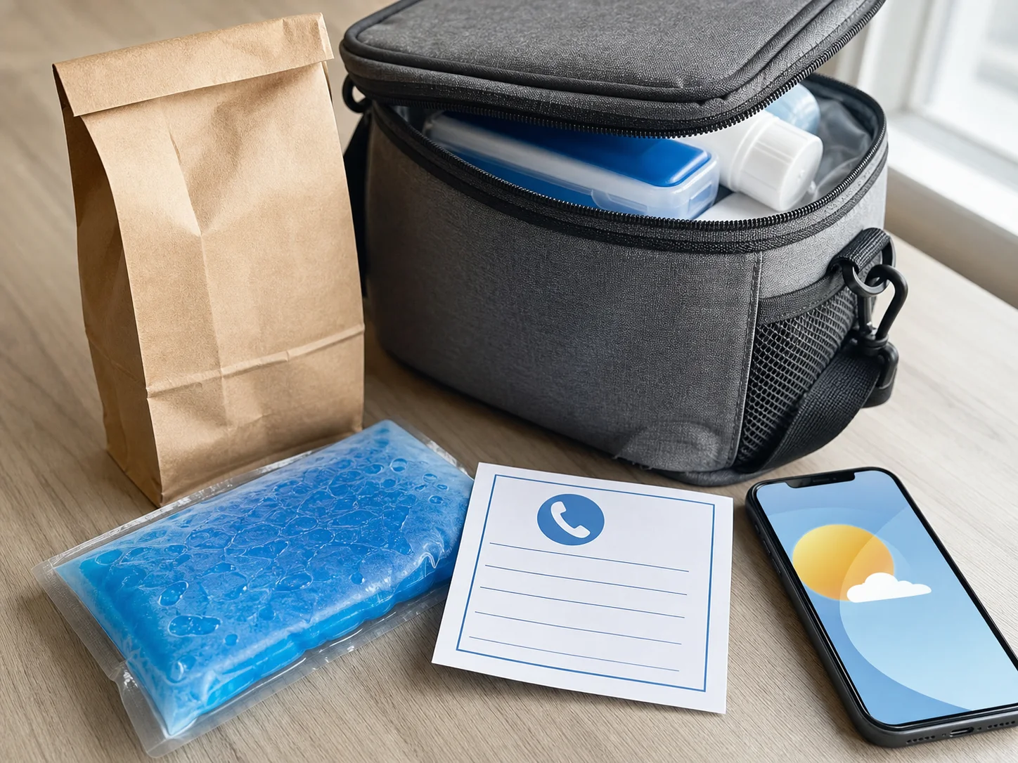 An insulated cooler bag, gel pack, blank emergency contact card and phone on a table