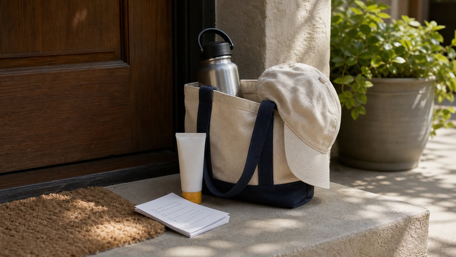 A summer heat planning bag with water, a cap, sunscreen and a checklist by a doorway