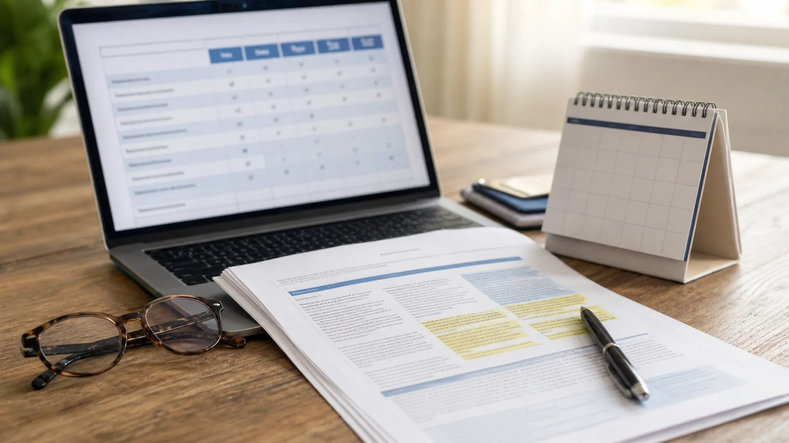 A laptop and printed policy pages arranged for reviewing travel insurance terms