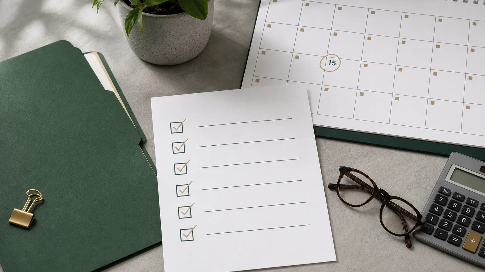 A checklist, calculator and calendar page with the 15th circled