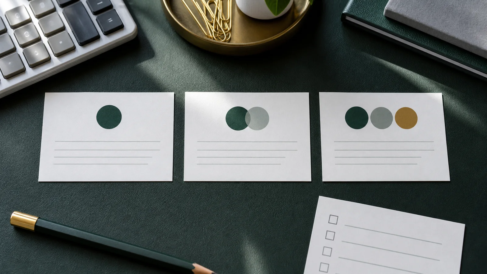 Three blank tier cards and a checklist arranged on a desk