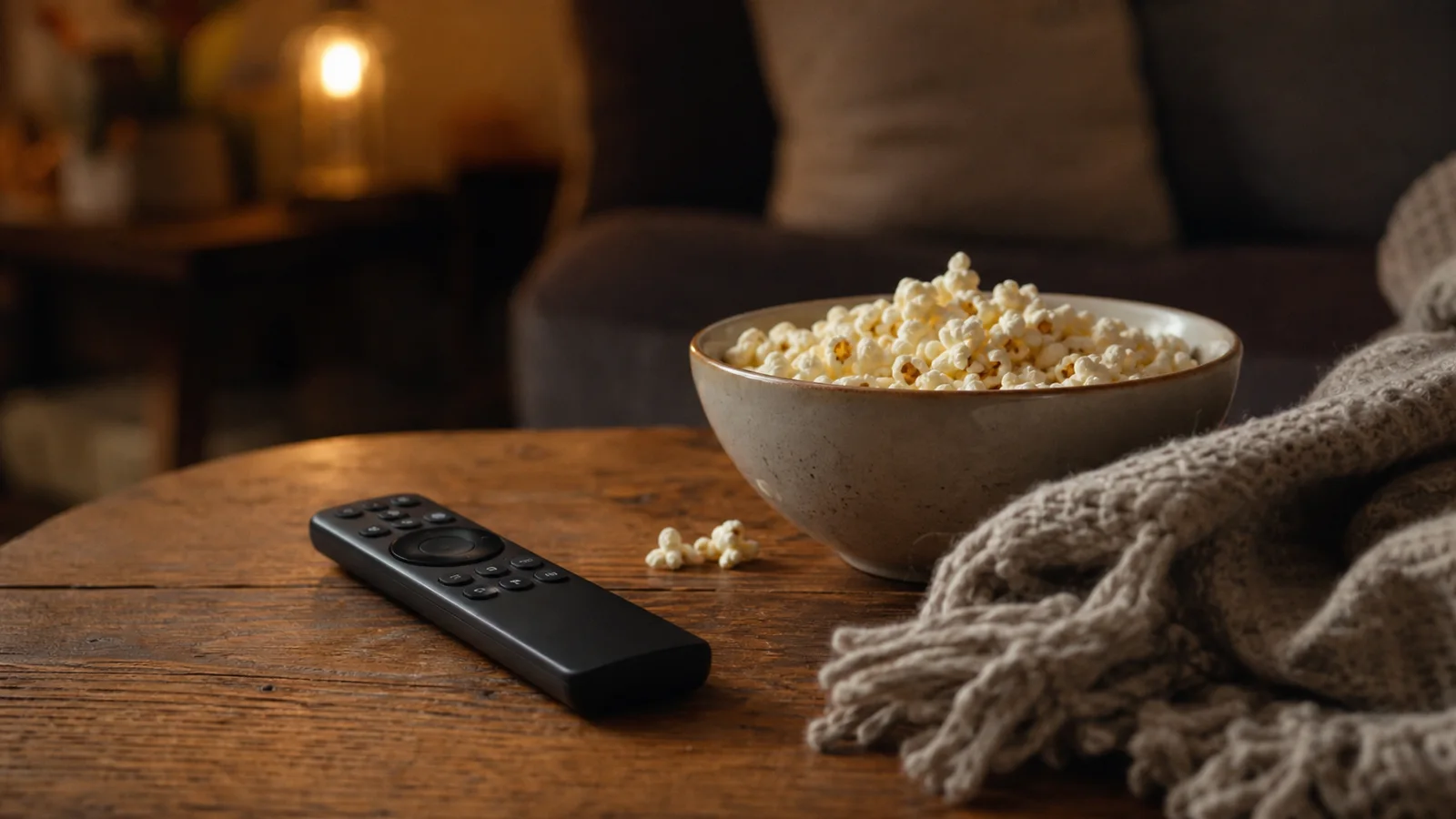 A remote control, popcorn and a folded blanket arranged for a quiet evening of streaming.
