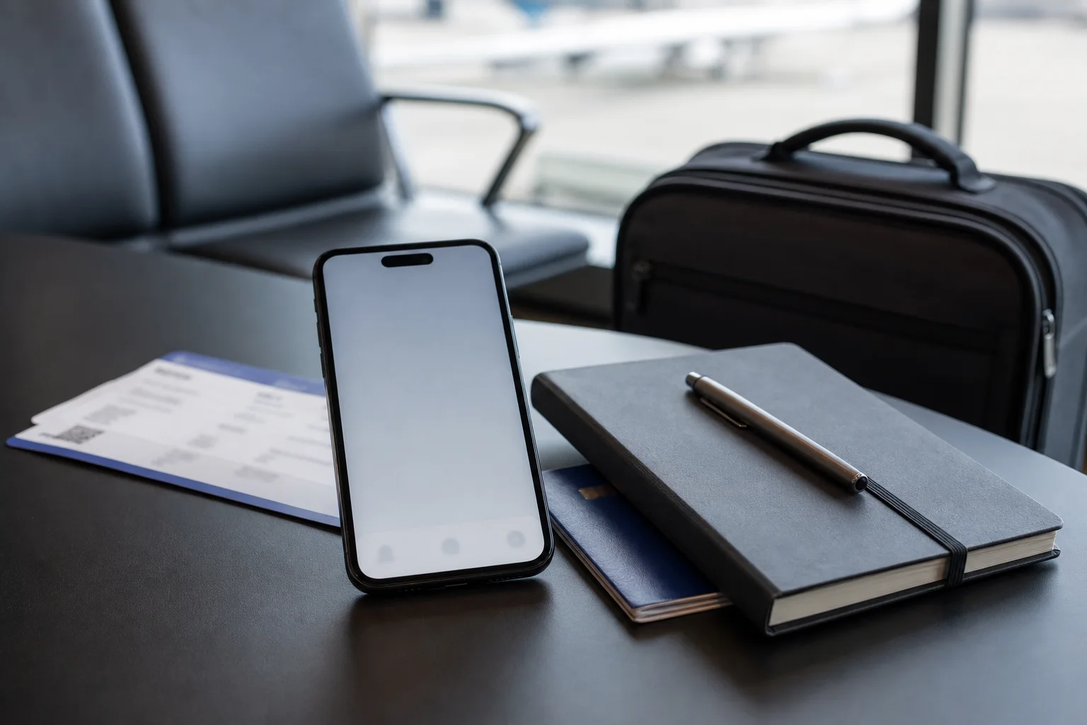 A phone, boarding pass and notebook on an airport table during travel disruption planning