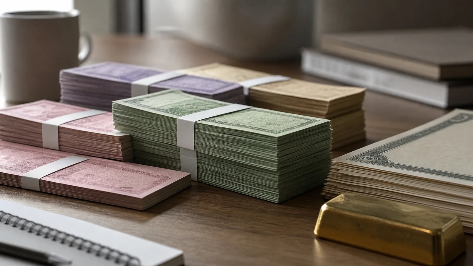 Abstract bundles representing several reserve currencies beside a gold bar