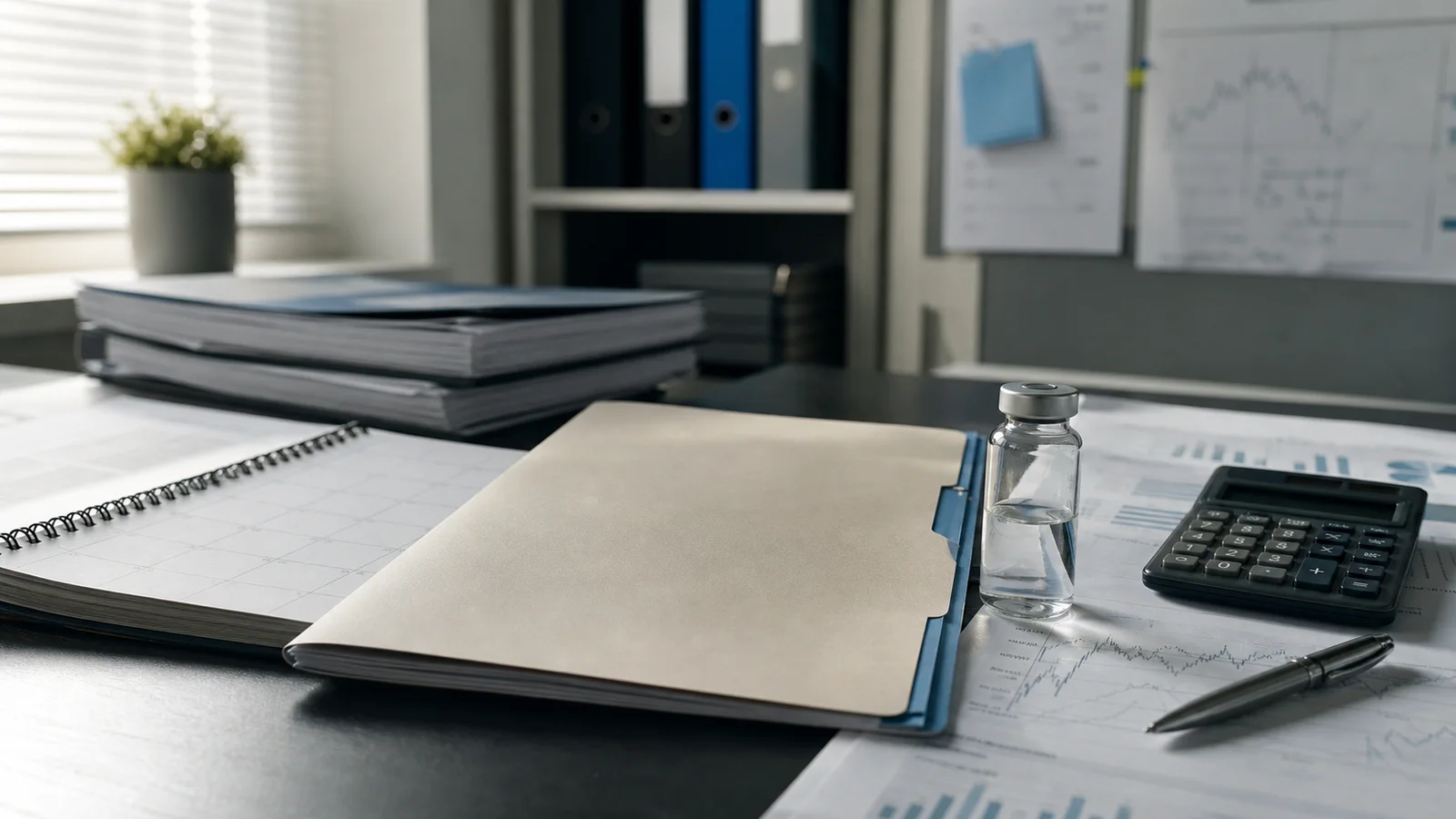 Generic biotech research folder, vial and calculator on an analyst’s desk