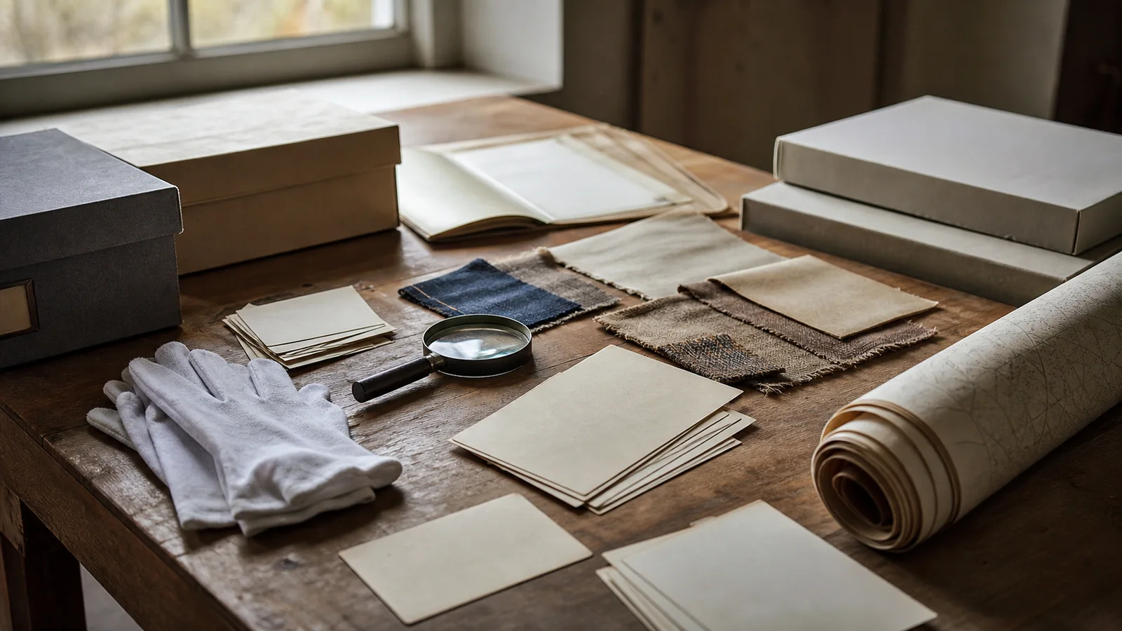 Archival gloves, blank photo cards, fabric samples and research boxes on a museum table