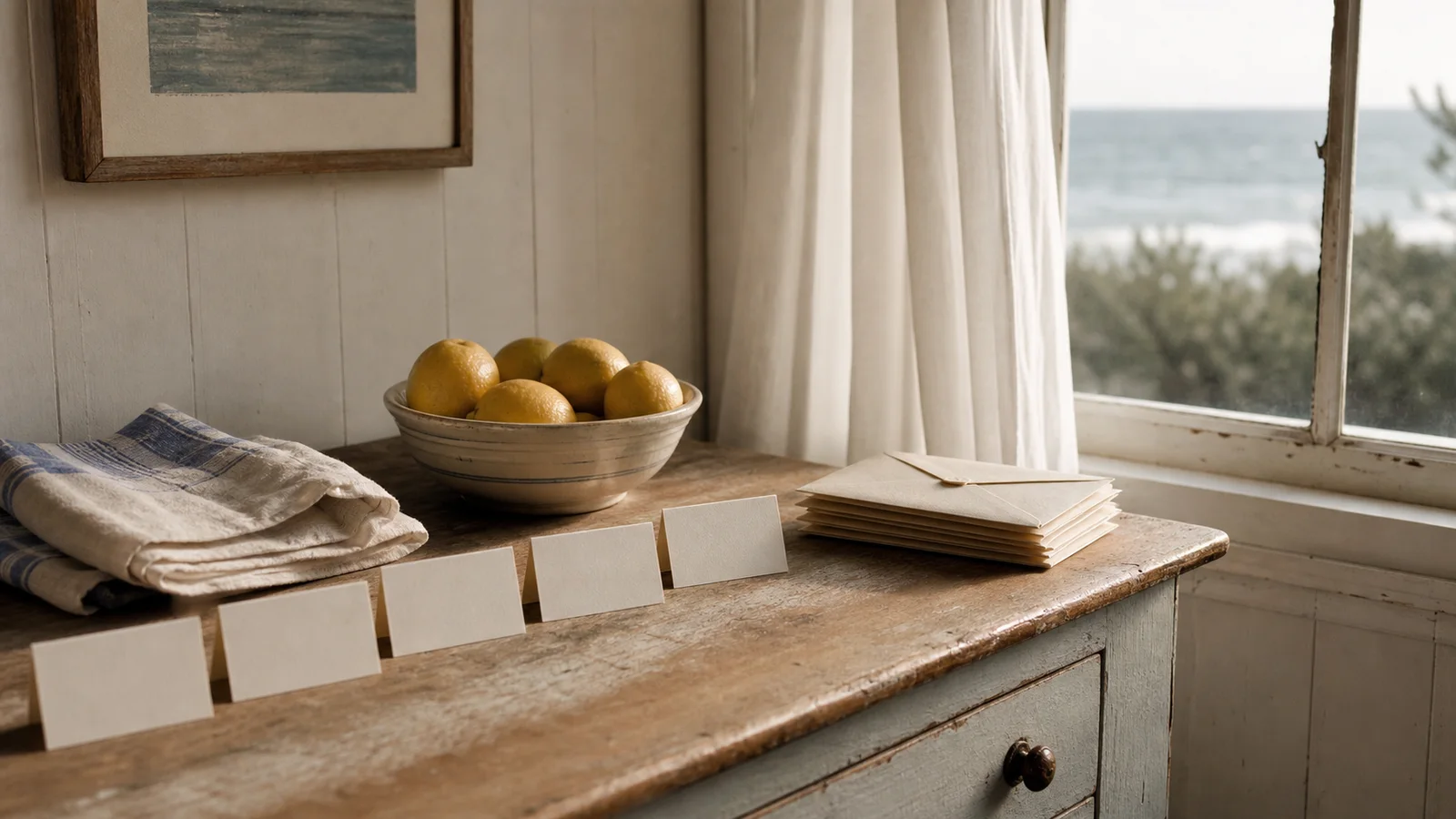 Five blank place cards and sealed envelopes in a sunlit coastal room