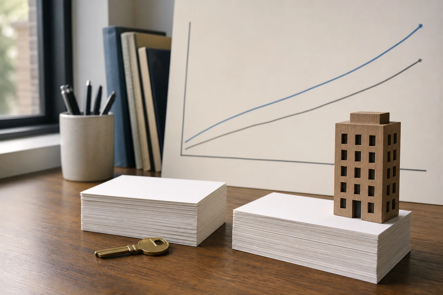Apartment model, house key and two rising lines illustrating income growth and appreciation