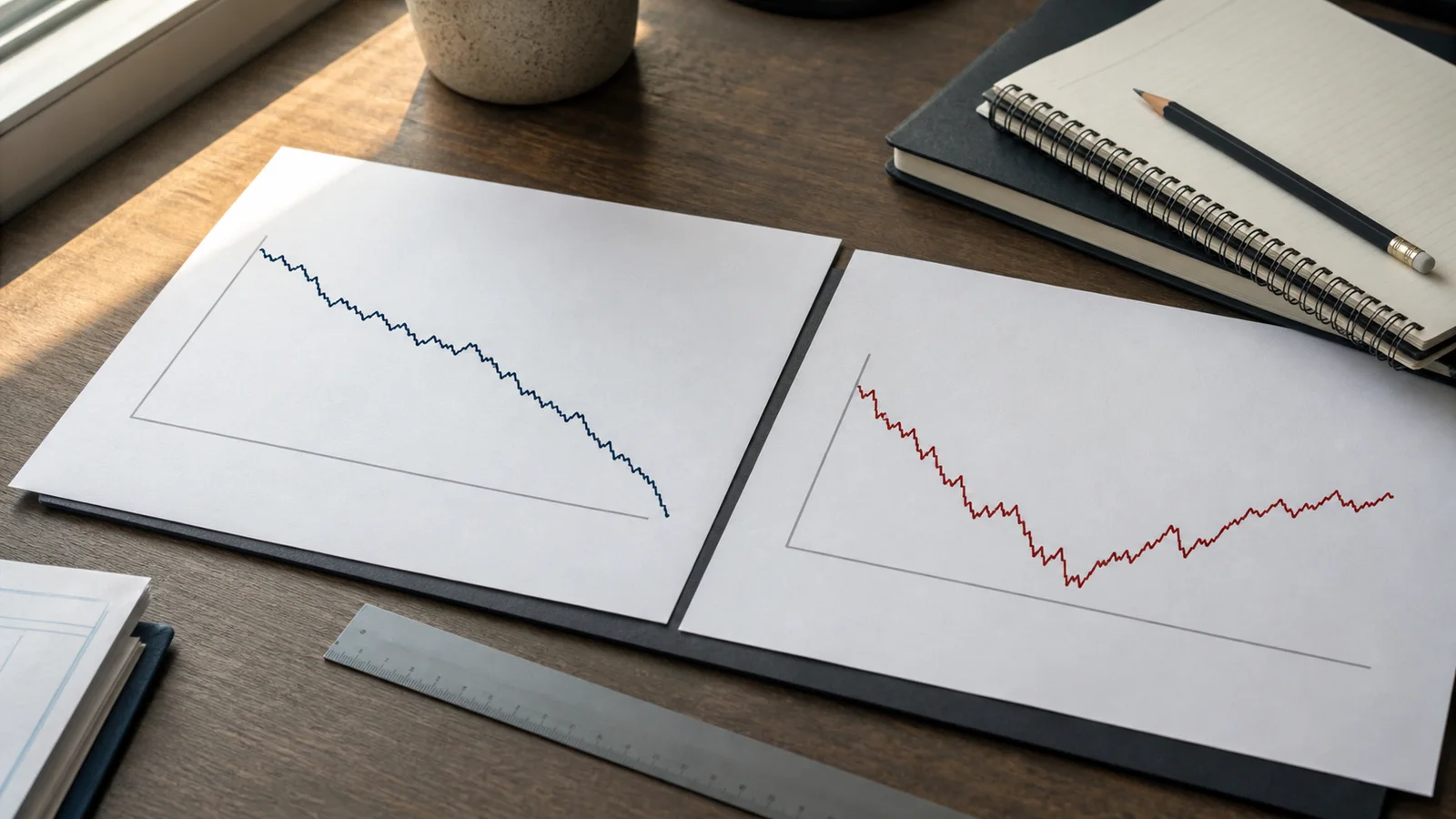 Two abstract charts comparing a persistent decline with a volatile down-and-up market path