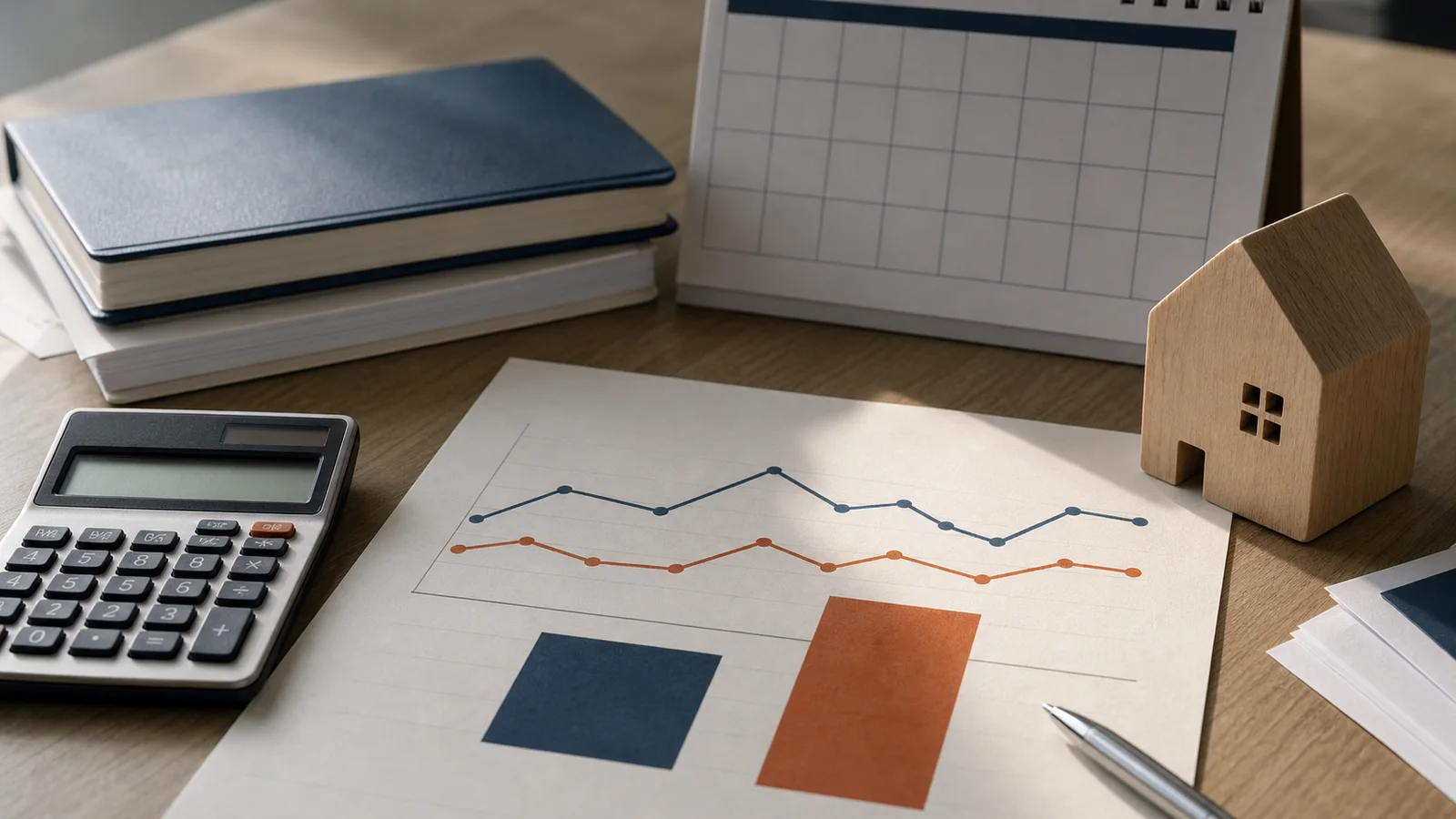 A mortgage calculator, house model and abstract chart comparing different financing conditions