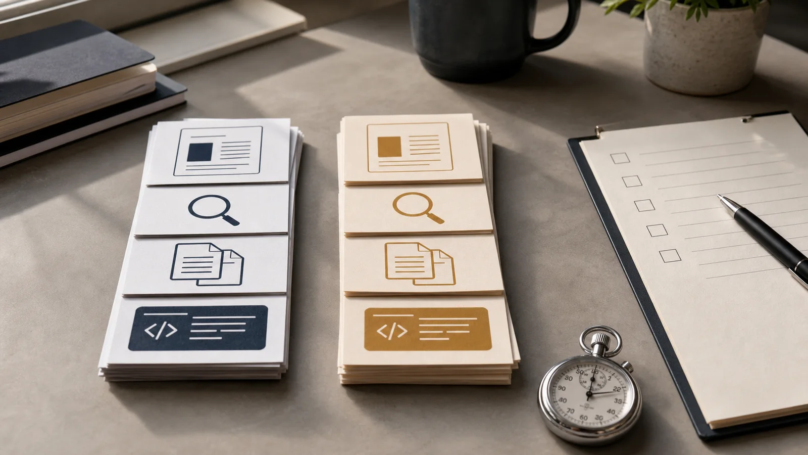 Two parallel stacks of workflow cards for comparing AI assistants on writing, research, documents and coding