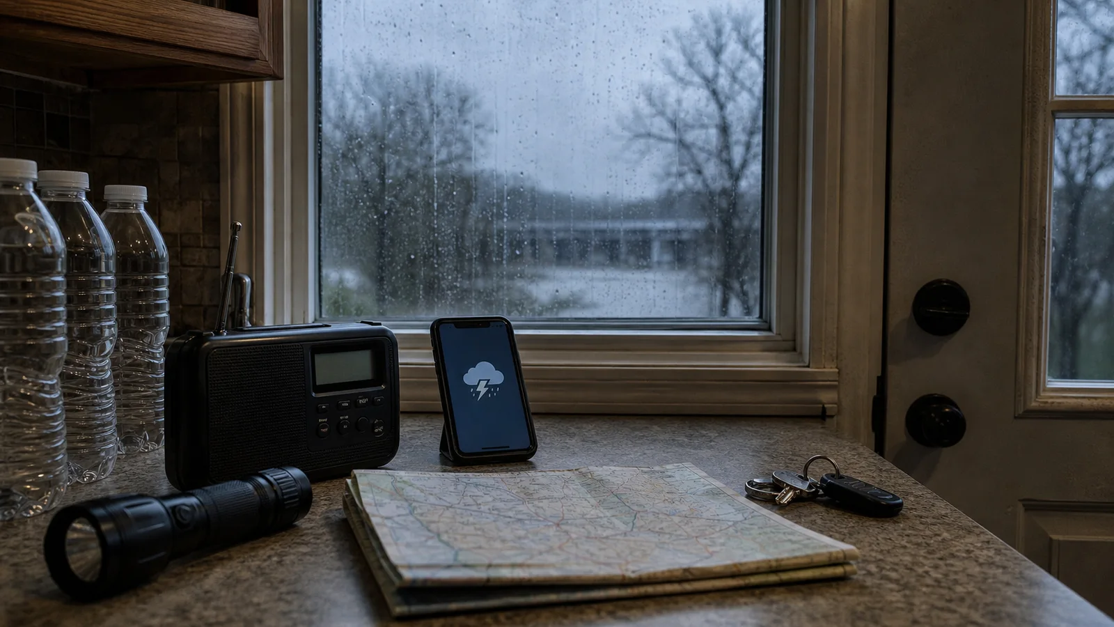 A weather radio, flashlight, phone, water and map prepared during heavy rain