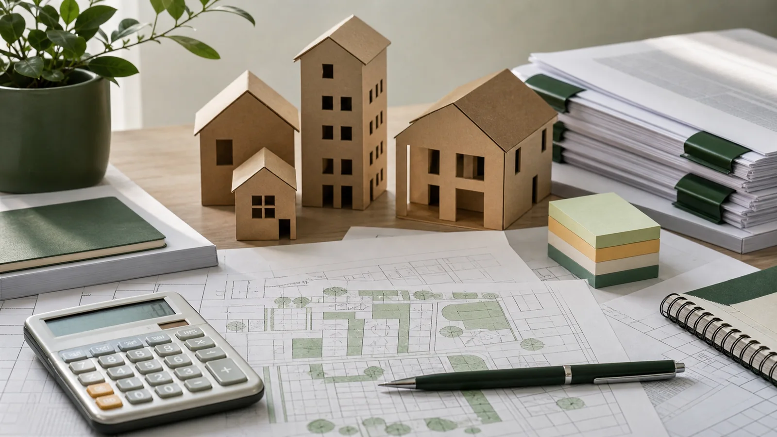 Model houses, planning sheets, and a calculator arranged on a desk
