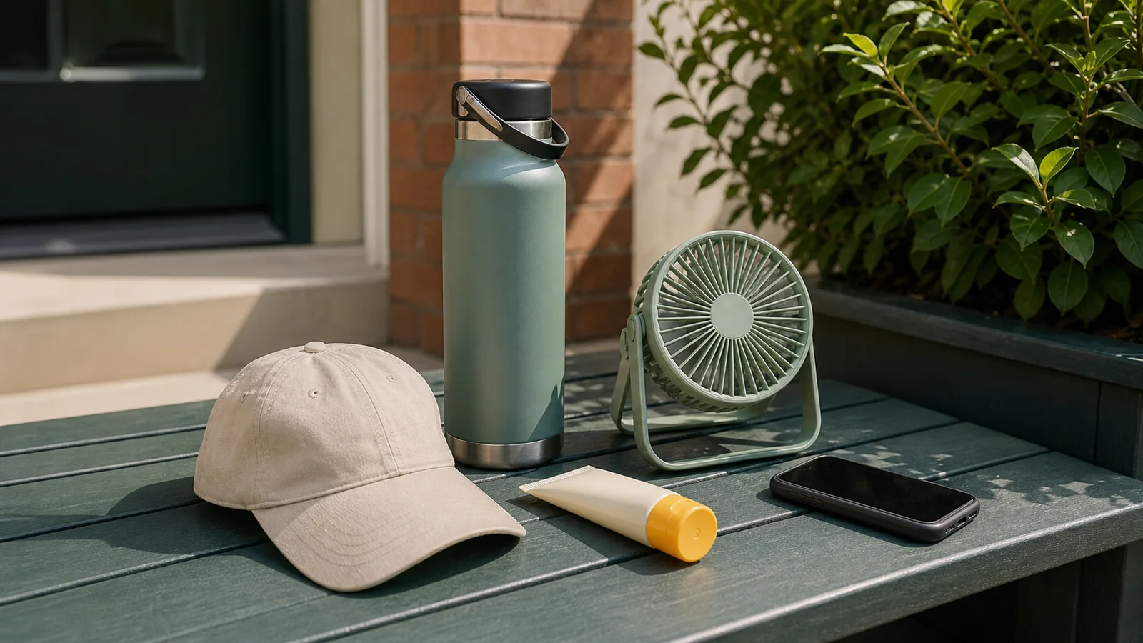 A water bottle, cap, sunscreen, small fan, and phone arranged for a hot day