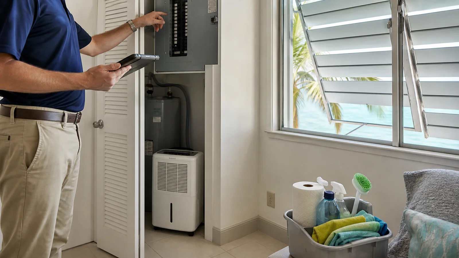 A property manager inspecting an electrical panel and dehumidifier in a coastal rental with hurricane shutters