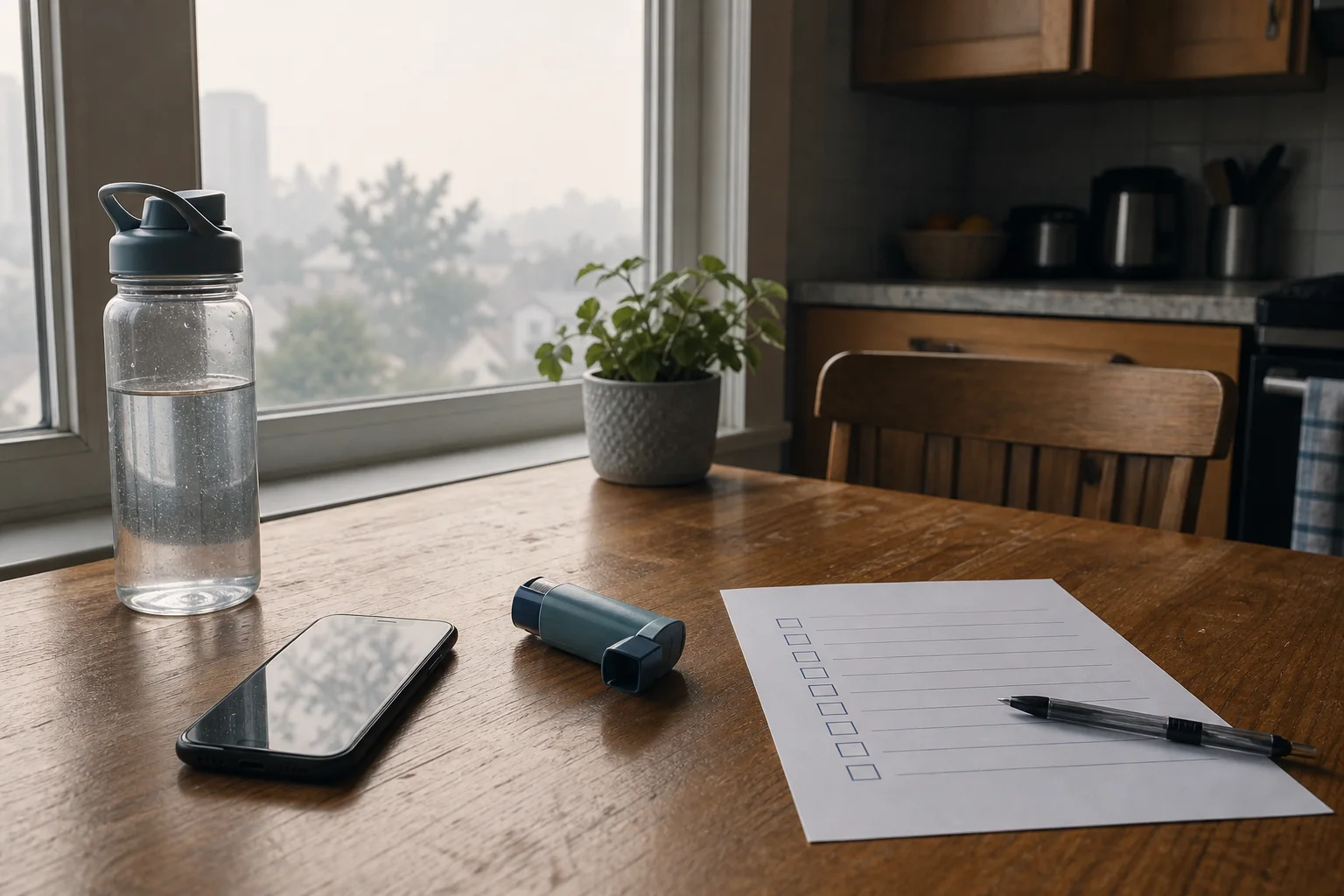 A phone, water bottle, inhaler case and checklist sit on a table near a hazy window.