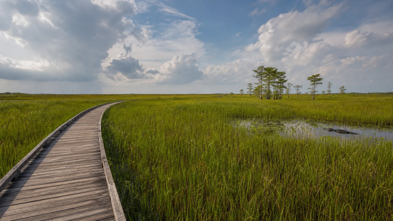 Editorial view of a boardwalk crossing South Florida sawgrass wetlands under summer clouds